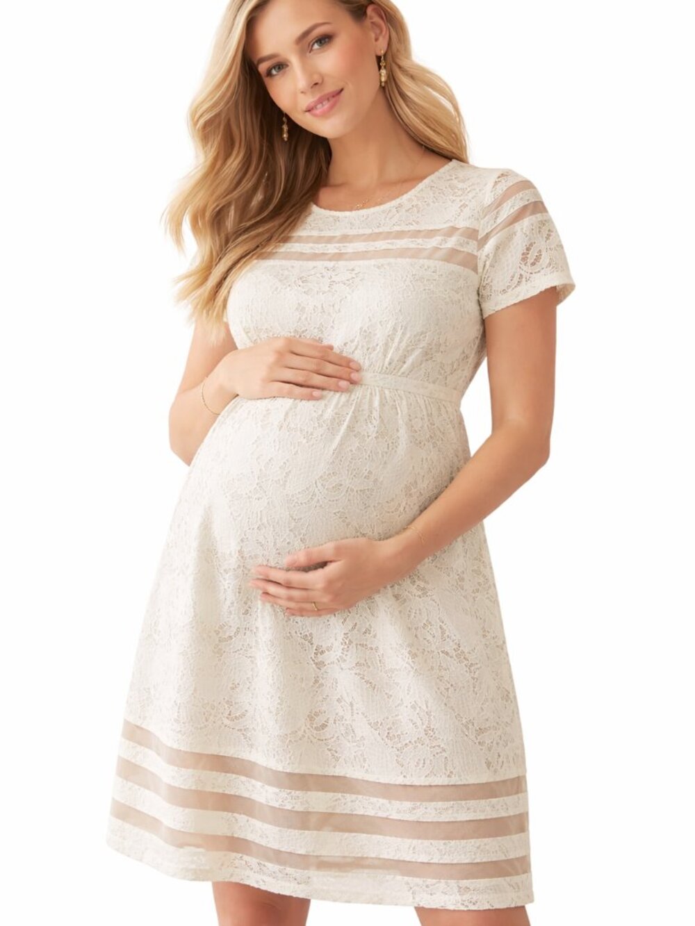 Motherhood Maternity Lace Dress Cream Empire Waist Stretch S L XL Elegant